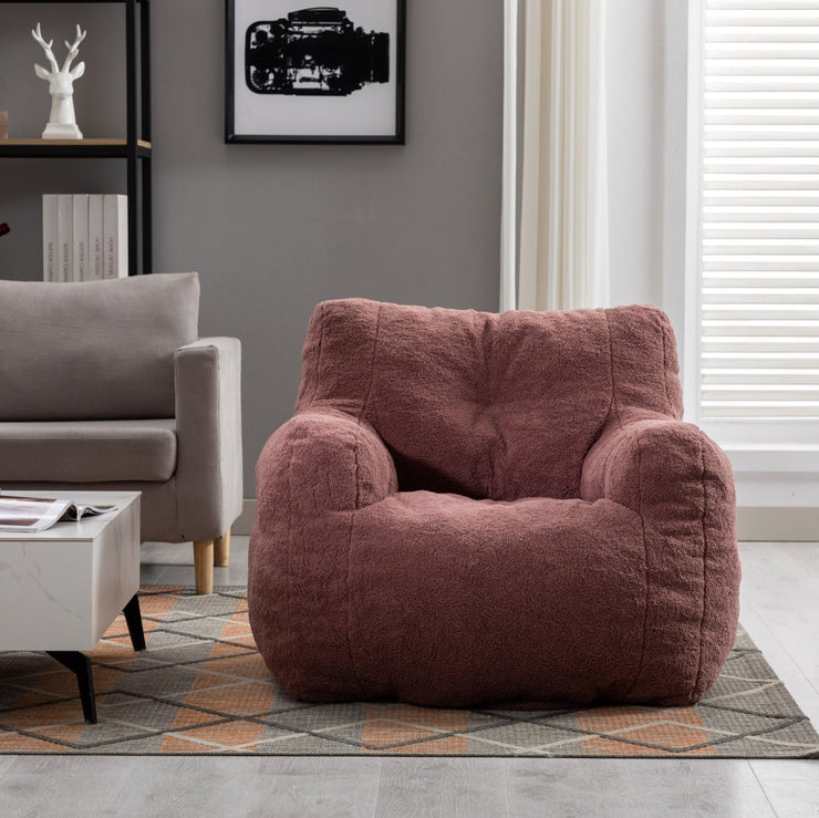 010-Soft Teddy Fabric Tufted Foam Bean Bag Chair With Teddy Fabric Bean Paste Red Hallohomie