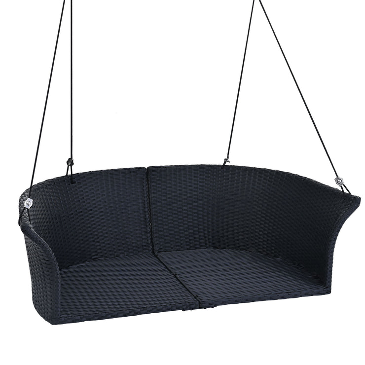 GO 51.9" 2-Person Hanging Seat, Rattan Woven Swing Chair, Porch Swing With Ropes, Black Wicker And White Cushion Hallohomie