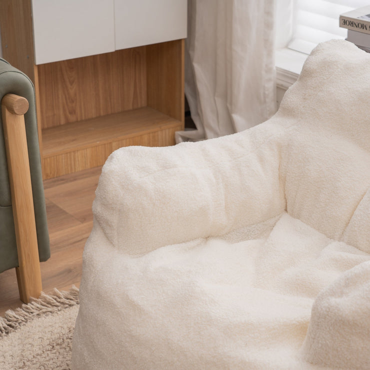 010-Soft Teddy Fabric Tufted Foam Bean Bag Chair With Teddy Fabric Ivory White Hallohomie