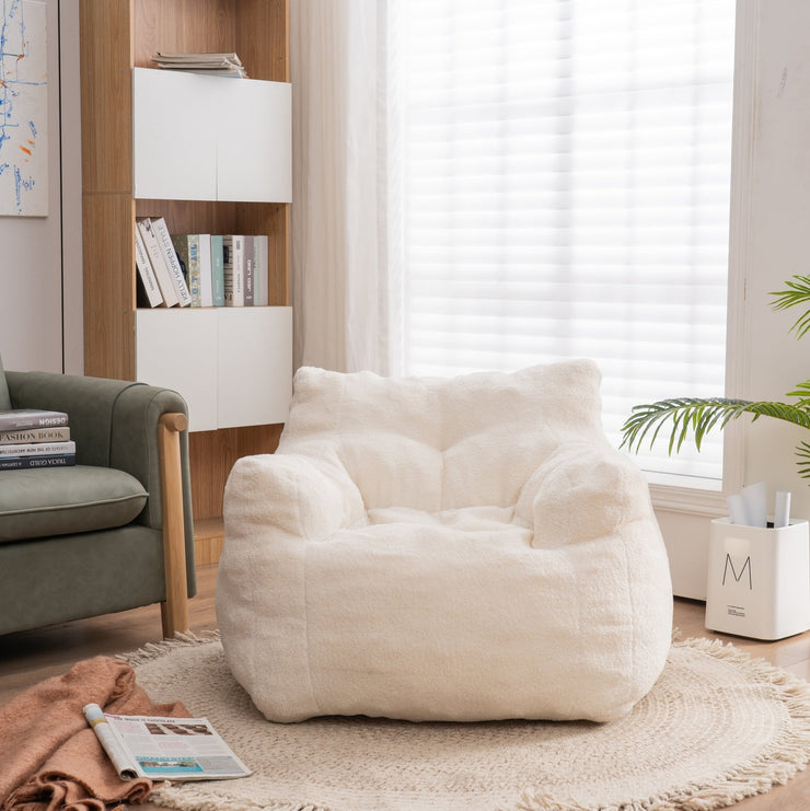 010-Soft Teddy Fabric Tufted Foam Bean Bag Chair With Teddy Fabric Ivory White Hallohomie