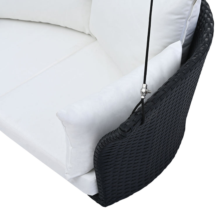 GO 51.9" 2-Person Hanging Seat, Rattan Woven Swing Chair, Porch Swing With Ropes, Black Wicker And White Cushion Hallohomie