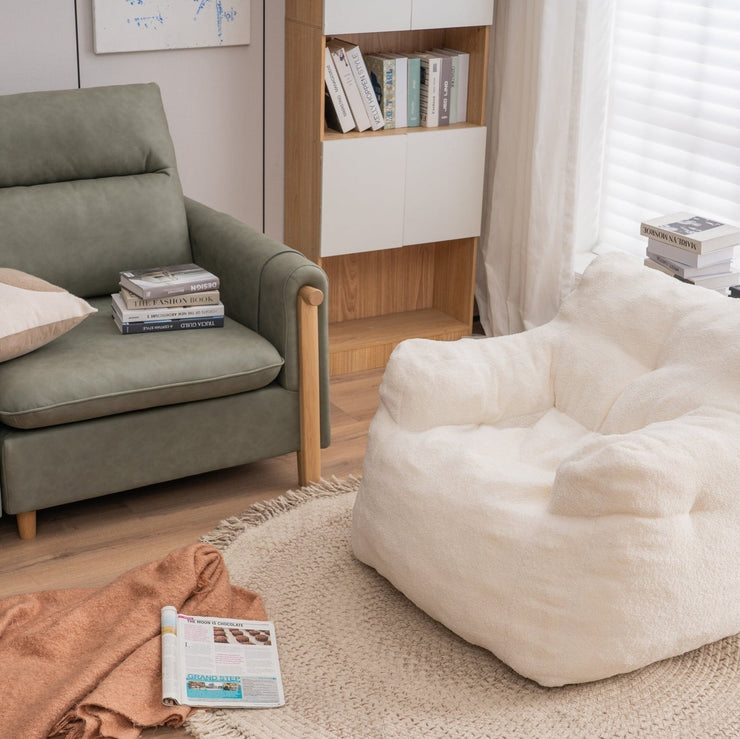 010-Soft Teddy Fabric Tufted Foam Bean Bag Chair With Teddy Fabric Ivory White Hallohomie