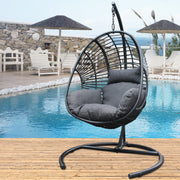 High Quality Outdoor Indoor Black color PE Wicker Swing Egg chair with Antracite Color Cushion And Black Color Base Hallohomie