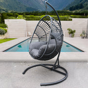 High Quality Outdoor Indoor Black color PE Wicker Swing Egg chair with Antracite Color Cushion And Black Color Base Hallohomie