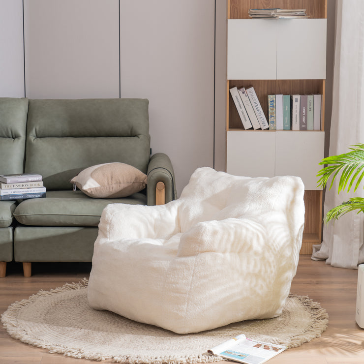 010-Soft Teddy Fabric Tufted Foam Bean Bag Chair With Teddy Fabric Ivory White Hallohomie