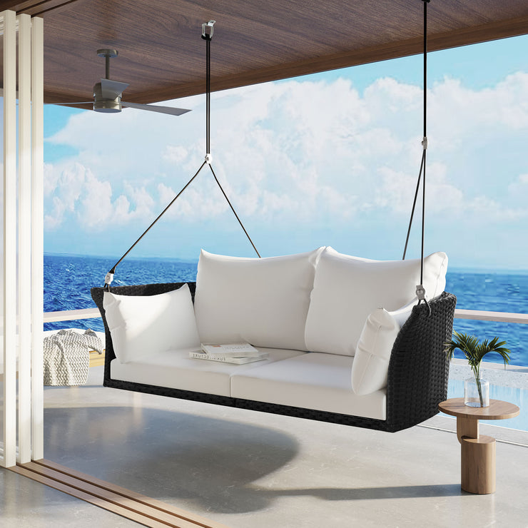 GO 51.9" 2-Person Hanging Seat, Rattan Woven Swing Chair, Porch Swing With Ropes, Black Wicker And White Cushion Hallohomie