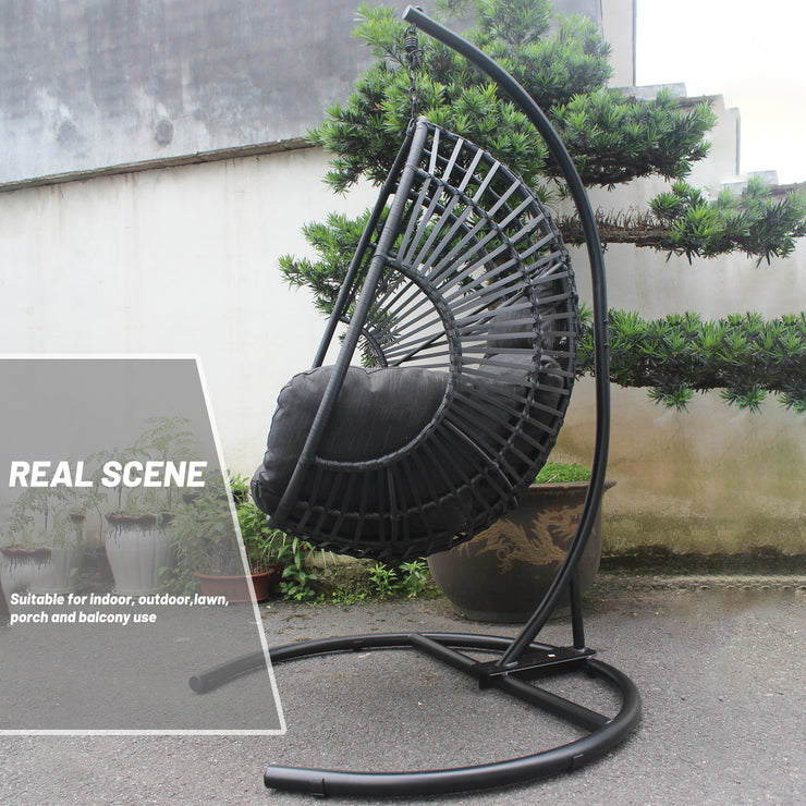 High Quality Outdoor Indoor Black color PE Wicker Swing Egg chair with Antracite Color Cushion And Black Color Base Hallohomie