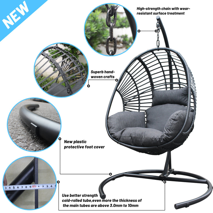 High Quality Outdoor Indoor Black color PE Wicker Swing Egg chair with Antracite Color Cushion And Black Color Base Hallohomie
