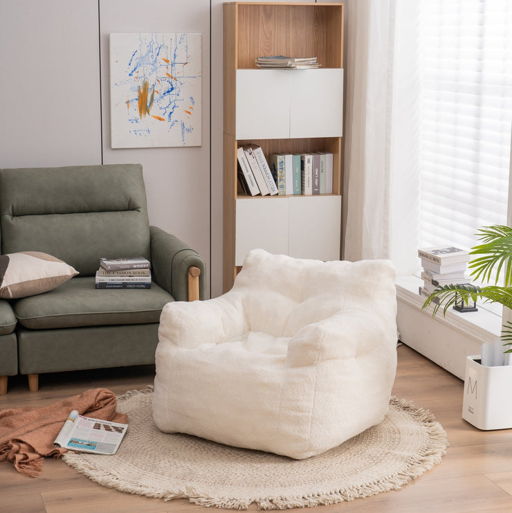 010-Soft Teddy Fabric Tufted Foam Bean Bag Chair With Teddy Fabric Ivory White Hallohomie