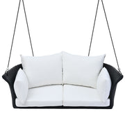 GO 51.9" 2-Person Hanging Seat, Rattan Woven Swing Chair, Porch Swing With Ropes, Black Wicker And White Cushion Hallohomie
