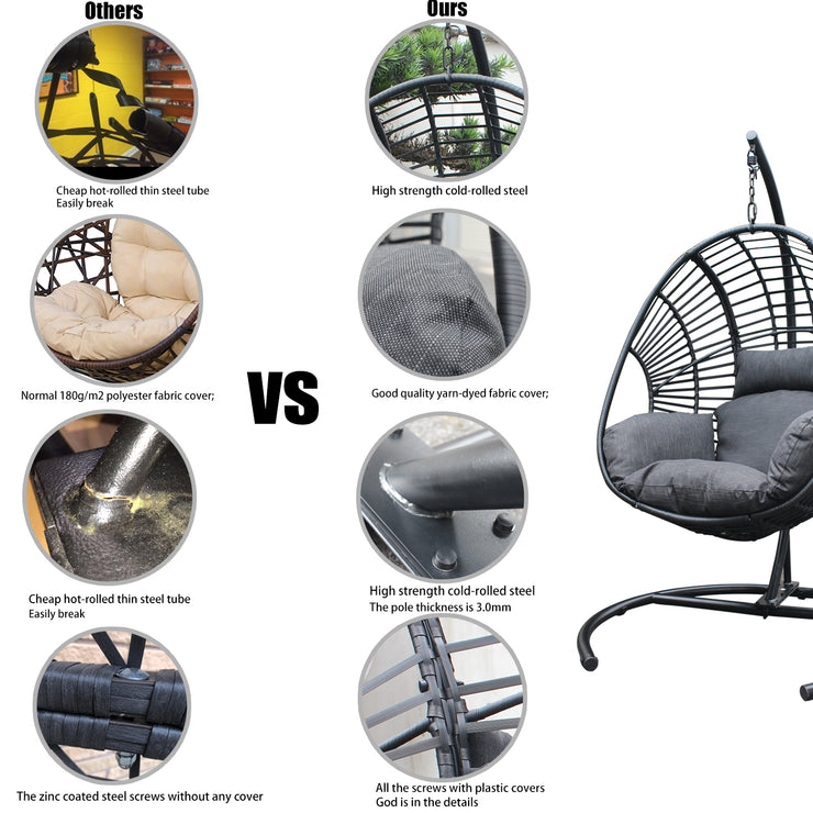 High Quality Outdoor Indoor Black color PE Wicker Swing Egg chair with Antracite Color Cushion And Black Color Base Hallohomie