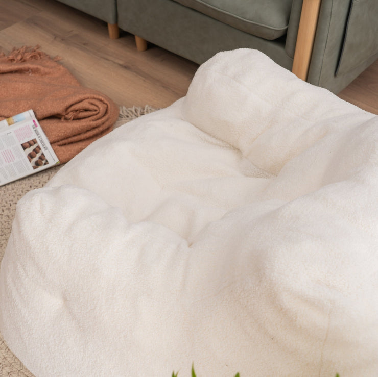 010-Soft Teddy Fabric Tufted Foam Bean Bag Chair With Teddy Fabric Ivory White Hallohomie