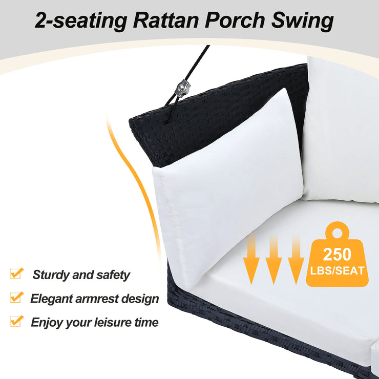 GO 51.9" 2-Person Hanging Seat, Rattan Woven Swing Chair, Porch Swing With Ropes, Black Wicker And White Cushion Hallohomie
