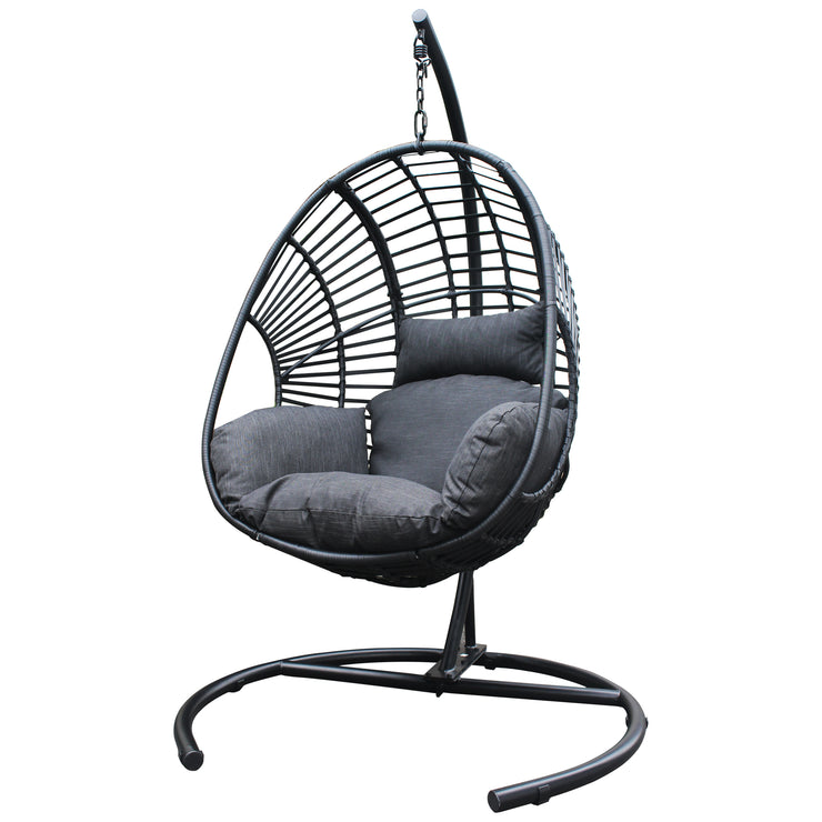 High Quality Outdoor Indoor Black color PE Wicker Swing Egg chair with Antracite Color Cushion And Black Color Base Hallohomie
