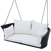 GO 51.9" 2-Person Hanging Seat, Rattan Woven Swing Chair, Porch Swing With Ropes, Black Wicker And White Cushion Hallohomie