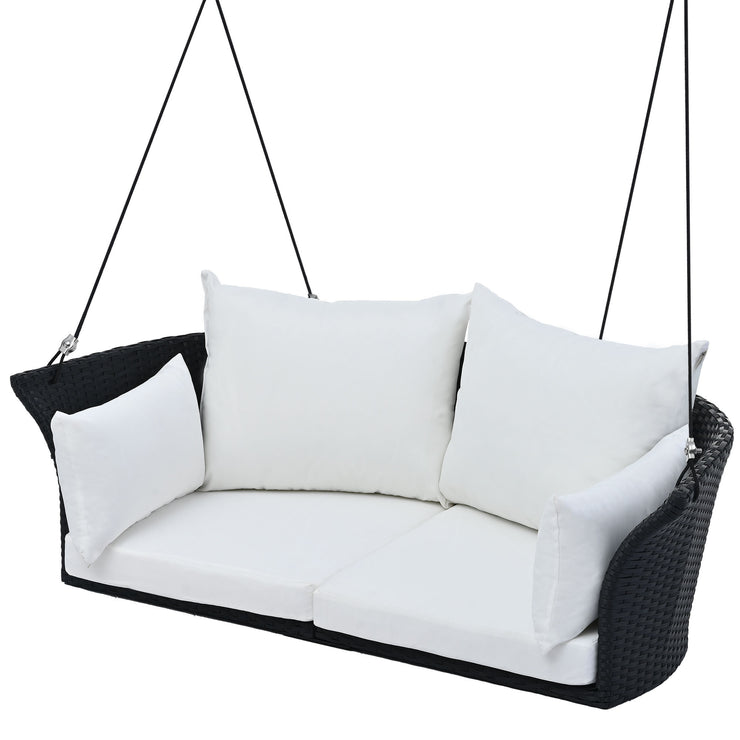 GO 51.9" 2-Person Hanging Seat, Rattan Woven Swing Chair, Porch Swing With Ropes, Black Wicker And White Cushion Hallohomie