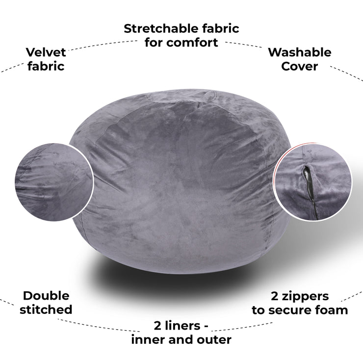 Minky Velvet Bean Bag Chair, Grey - 3ft Plush Floor Chair for Kids and Adults w/Washable Cover, Lounge Chair with Stretchable Fabric, Comfy Bedroom Chair, Filled with Shredded and Memory Foam. Hallohomie
