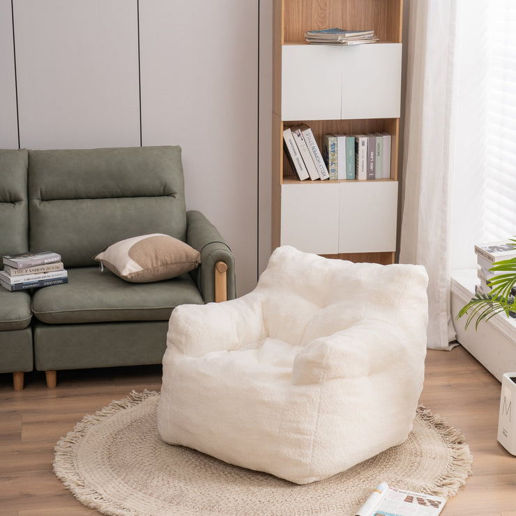 010-Soft Teddy Fabric Tufted Foam Bean Bag Chair With Teddy Fabric Ivory White Hallohomie