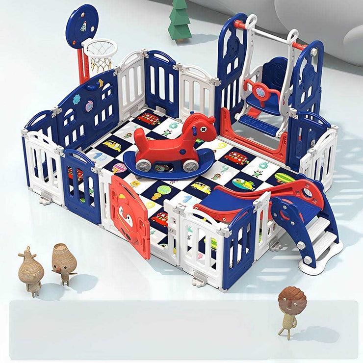 Foldable Home Playpen with Slide and Swing - Blue