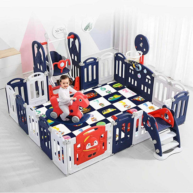 Foldable Home Playpen with Slide and Swing - Blue