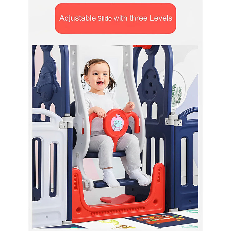 Foldable Home Playpen with Slide and Swing - Blue