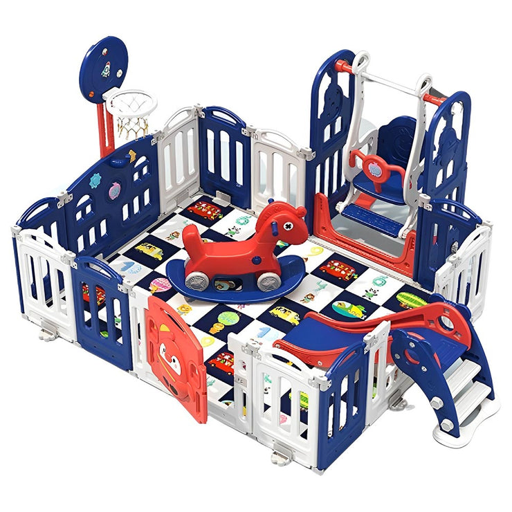 Foldable Home Playpen with Slide and Swing - Blue